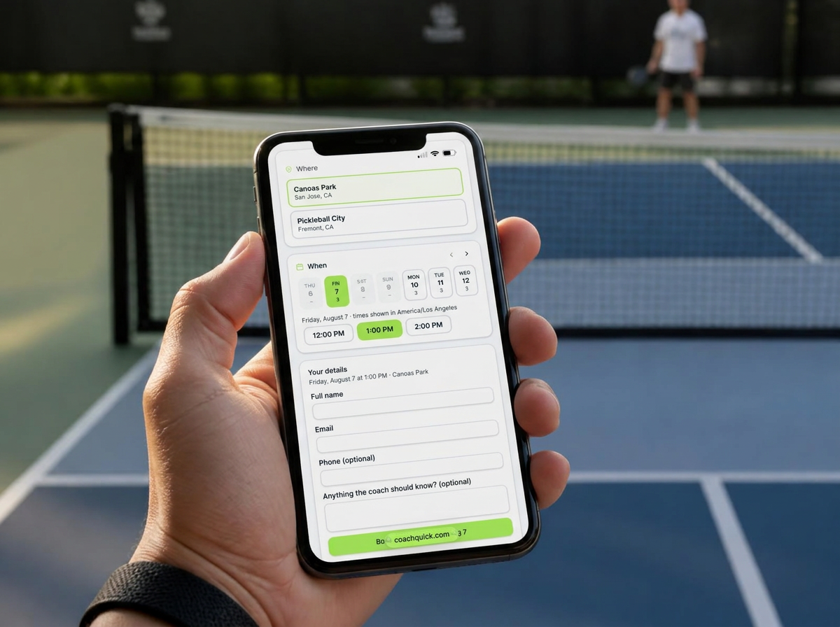 Phone held court-side showing a week of bookable lesson time slots